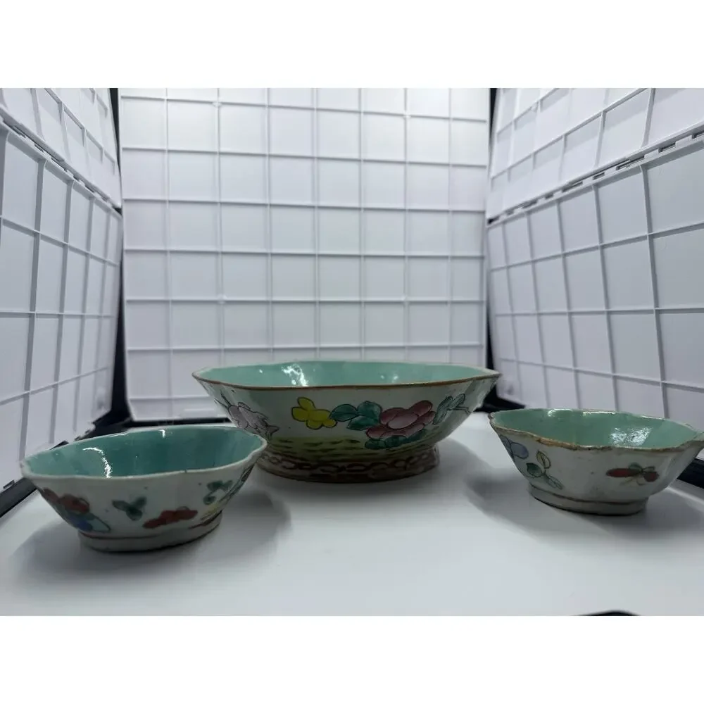 3 Antique Chinese Famille Rose Porcelain Bowl & Scalloped Dishes Set Turquoise